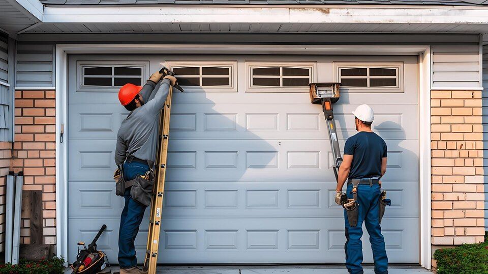 Two workers inspecting a garage door, one using a tool near the top panels