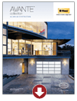 Modern house exterior at dusk with large windows, garage, and a red down arrow icon at bottom