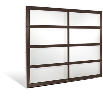 Brown-framed sliding window with six white frosted glass panes