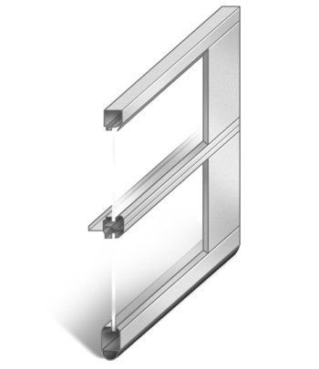 Exploded view of a metal window latch assembly with three separated parts