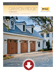 Cover of Canyon Ridge brochure showing a row of garages in front of a white house with a red arrow icon below