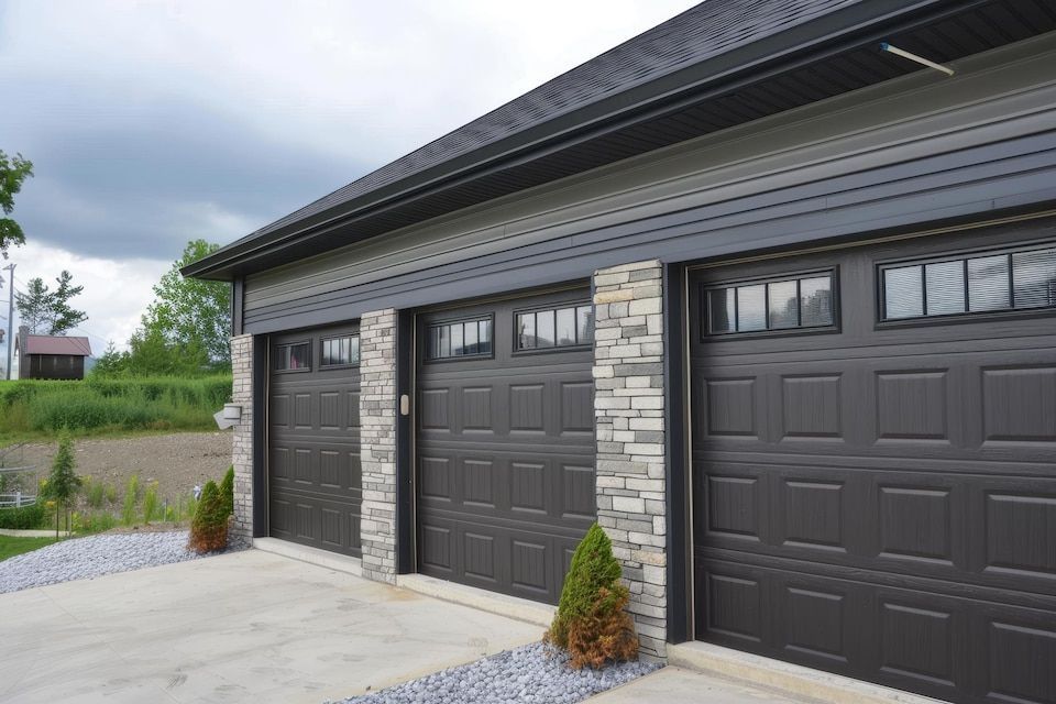 Modern home exterior with three dark garage doors and stone pillars under a black roof