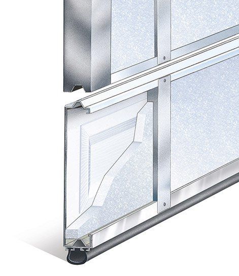 Cross-section of a sliding door panel with aluminum frame and frosted glass insert