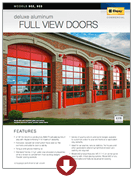 Promotional flyer for double aluminum full view doors showing red-framed garage doors on a building