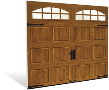 Wooden double garage door with six panels and arched windows along the top