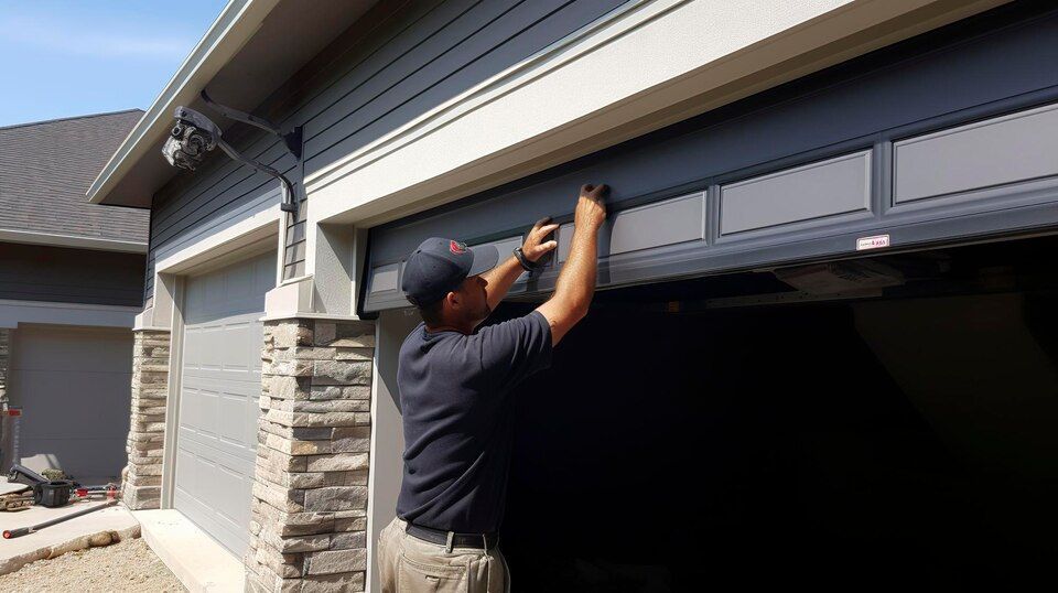 Man adjusting a garage door opener with a tool outside a suburban house