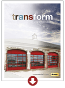 Cover of a brochure titled “transform” with a red garage building under a cloudy sky.