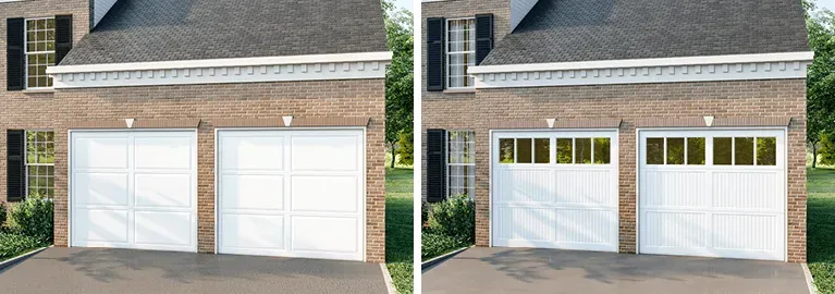 Side-by-side garage doors: one plain white, one white with four window panes across the top.