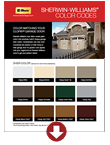 Sherwin-Williams color card with brown, beige, and gray fabric swatches and a red down arrow