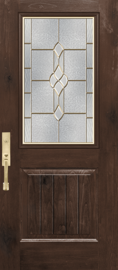 Brown wooden front door with frosted glass panels and a brass handle