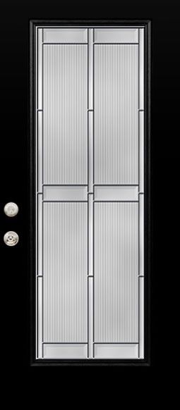 Black front door with vertical glass panels and two round silver handles on the left