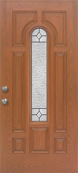Brown wooden front door with decorative glass panel and two silver doorknobs