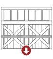 Front view of a wooden crate with a red downward arrow symbol at the bottom center