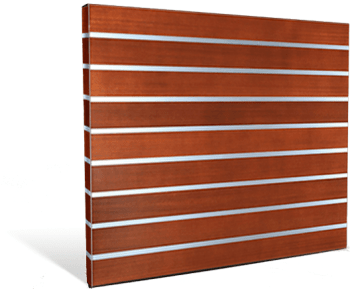 Brown wooden slat panel with horizontal silver trim lines