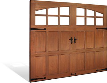 Wooden two-car garage door with arched windows and central handles