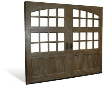 Wooden double garage door with multiple window panes and black handles