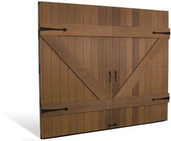 Wooden barn-style double door with diagonal braces and black hinges on a white background