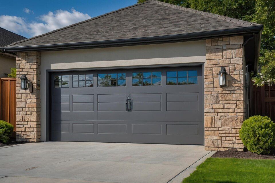 Gray two-car garage door on a stone house with a concrete driveway and green lawn