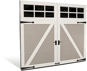 White double garage door with upper windows and diagonal bracing on a plain background