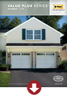 Brochure cover of a white two-car garage home with a red download arrow icon