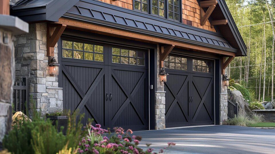 Black double garage doors on a rustic stone-and-wood house with flowers in front