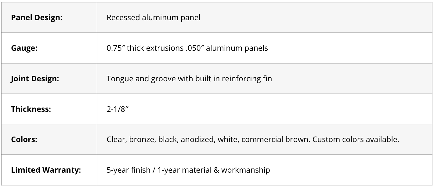 Blue-and-white product specification table listing model, gauge, joint design, thickness, colors, and warranty.
