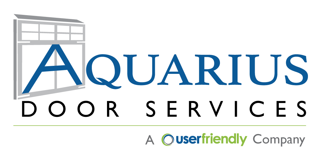 Aquarius Door Services logo with blue and black text and a stylized door icon, “A userfriendly Company” tagline