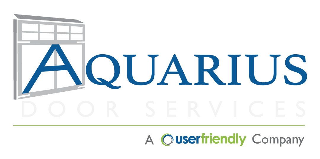 Aquarius Door Systems logo with blue “Aquarius” text and a stylized door icon, plus “A userfriendly Company” tagline