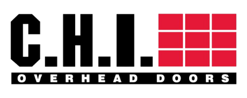 C.H.I. Overhead Doors logo with bold black letters and red grid squares on white background