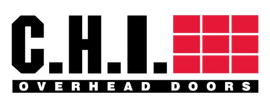 C.H.I. Overhead Doors logo with bold black letters and red grid squares on white background
