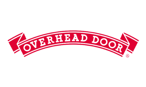 Overhead Door red logo with curved wordmark and stylized door icons