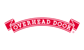 Overhead Door red logo with curved wordmark and stylized door icons
