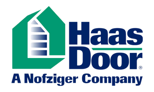 Haas Door logo with green house icon, blue text, and “A Nofziger Company” tagline