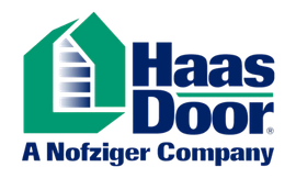 Haas Door logo with green house icon, blue text, and “A Nofziger Company” tagline