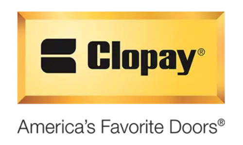 Clopay logo in a gold frame with the slogan “America’s Favorite Doors” underneath.