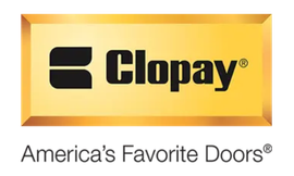 Clopay logo in a gold frame with the slogan “America’s Favorite Doors” underneath.