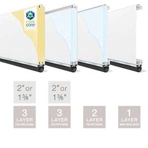 Three window shades shown in layers, from 3-layer polyfoam to 1-layer non-insulated, in white and yellow.