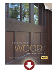 Wooden door with glass panes and “WOOD” text on a brochure cover, with a red download arrow