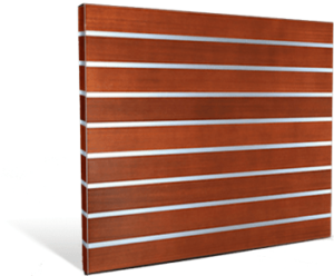 Wooden slat wall panel with horizontal silver accents on a white background