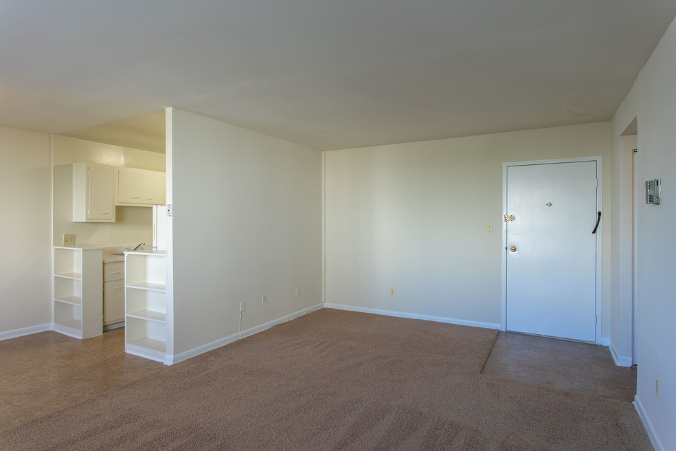 Living room with view of kitchen