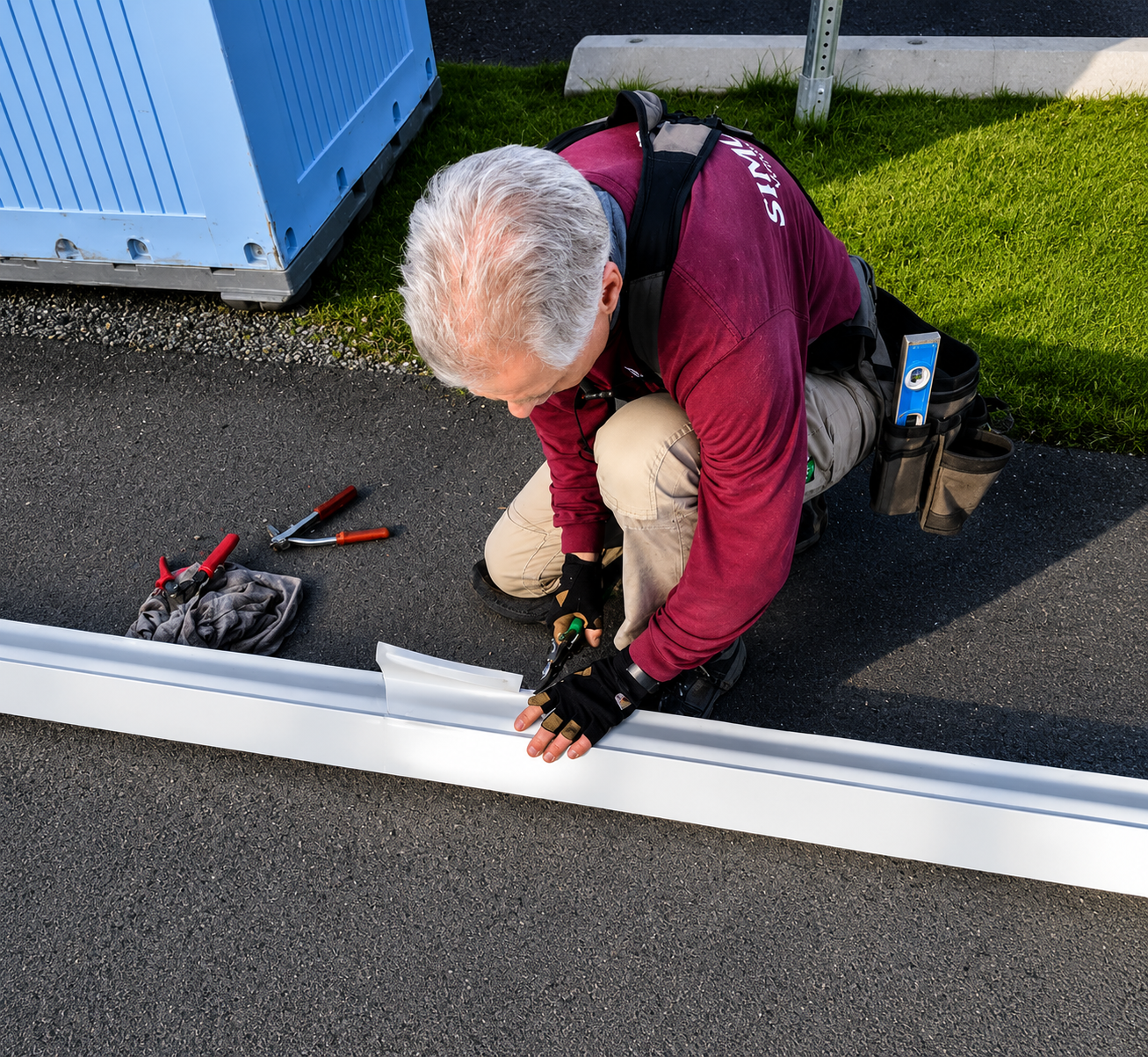 person installing a gutter system.