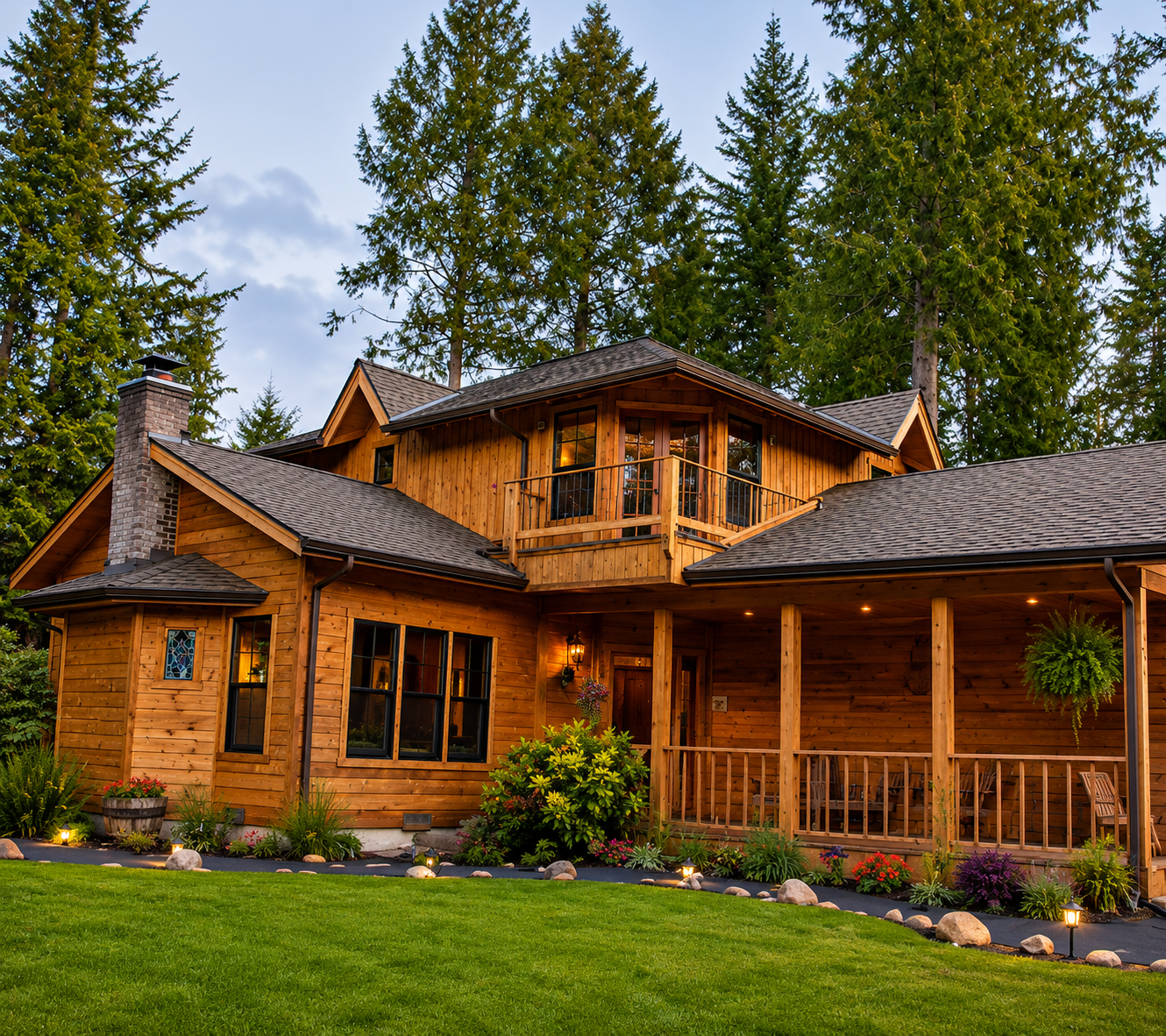Rustic wooden cabin with porch and landscaped lawn, surrounded by tall evergreen trees