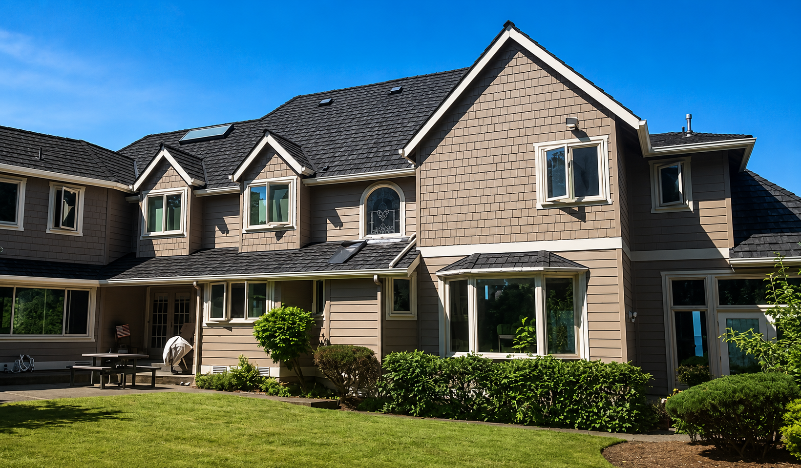 Large stone suburban house with a dark roof, white-trimmed windows, and a green lawn under a blue sky