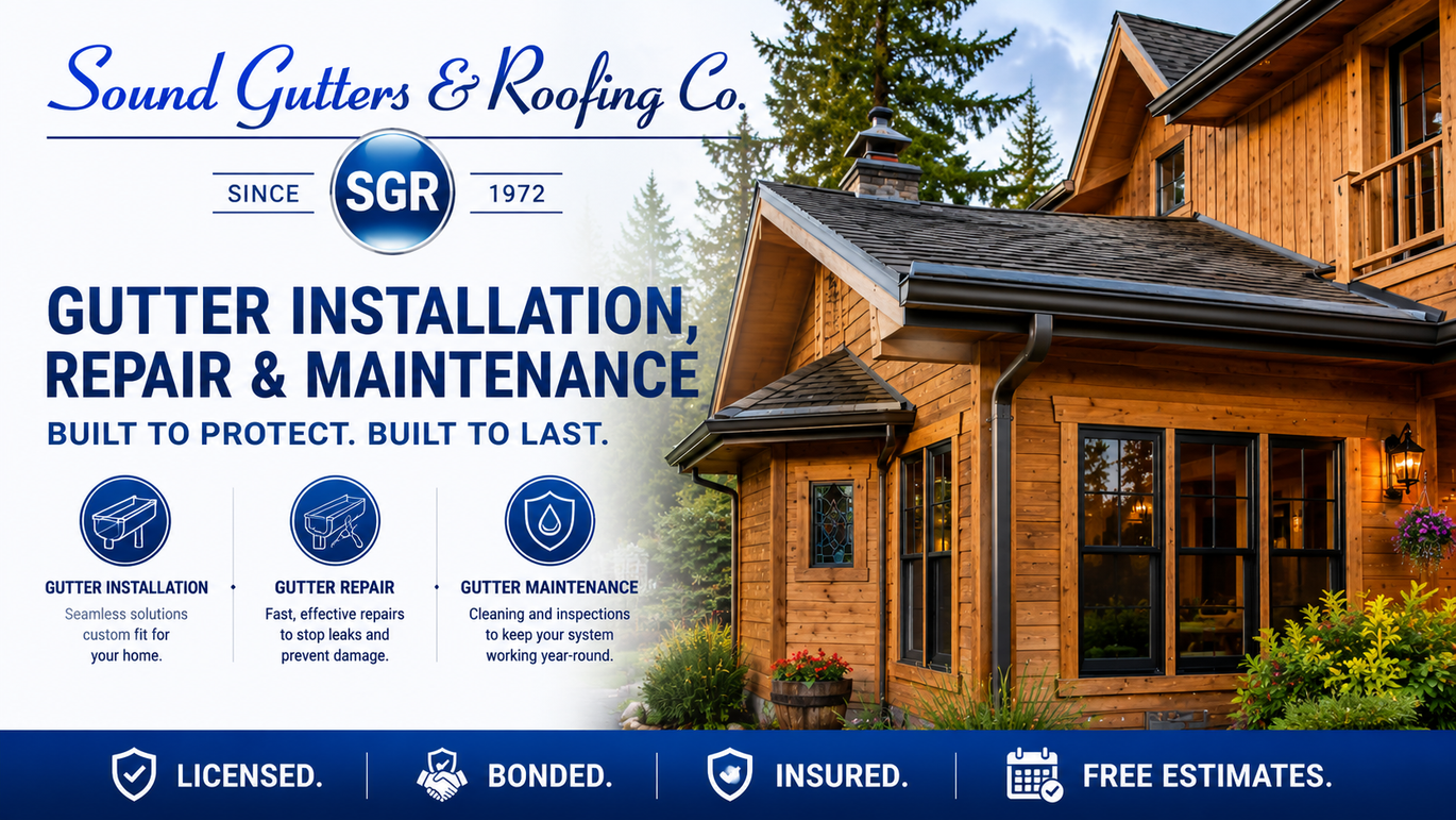 Sound Gutters & Roofing Co. ad with house exterior and gutter installation, repair, and maintenance text