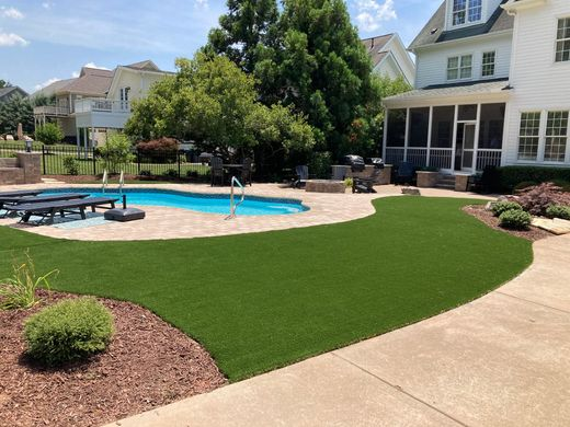 Backyard with a pool, lush green turf, and a patio with a house in the background. Sunny day.