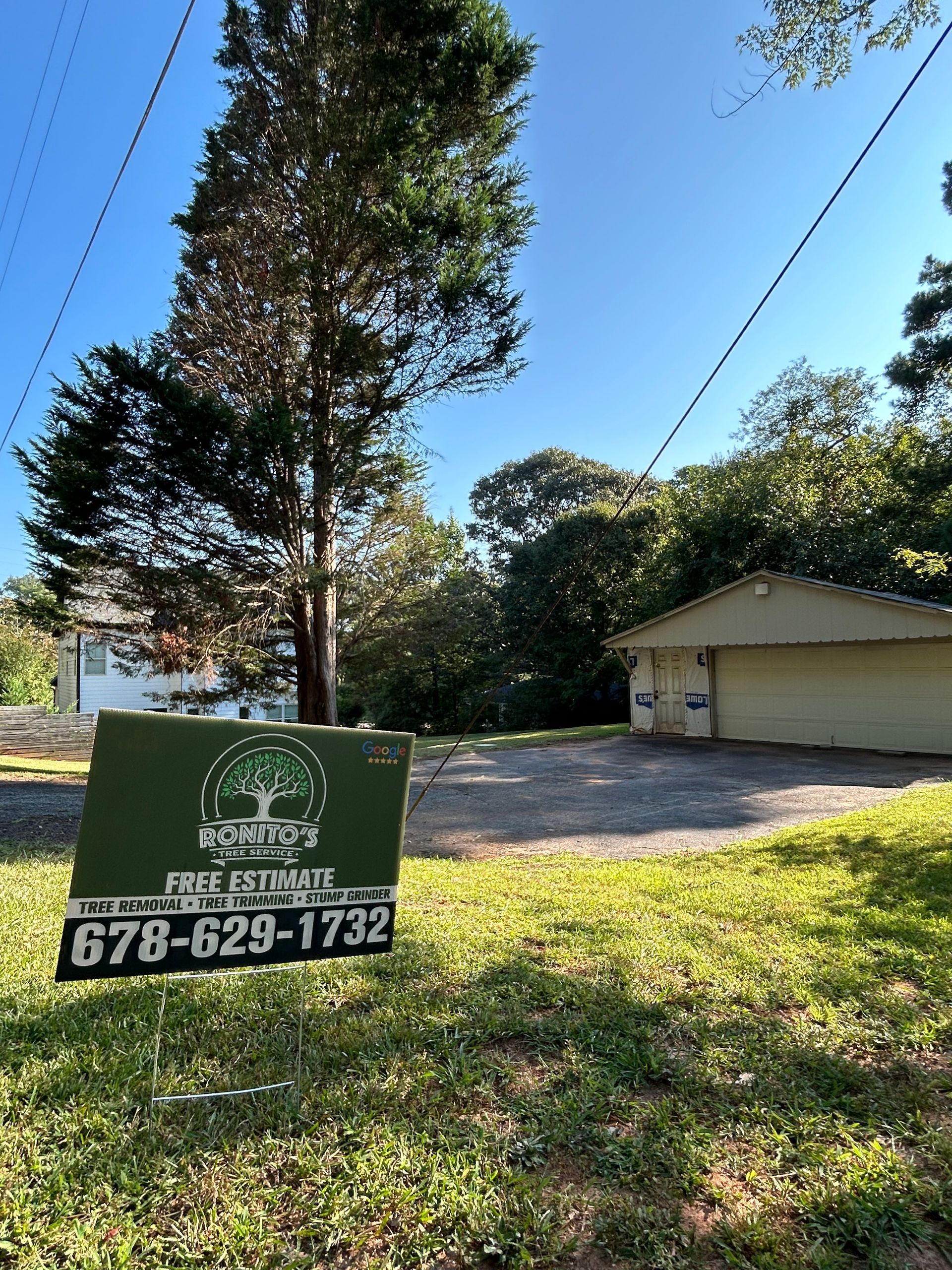 A sign that says 'Ronito's Tree Service' on it in front of a house