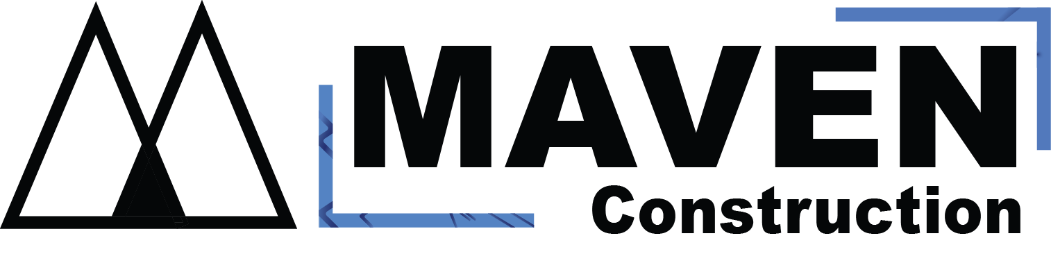 A black and white logo for maven construction with a mountain in the middle. Maven Construction, Montrose, CO