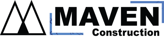 A black and white logo for maven construction with a mountain in the middle. Maven Construction, Montrose, CO