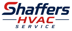 Shaffers HVAC Service logo in red and blue text on a white background