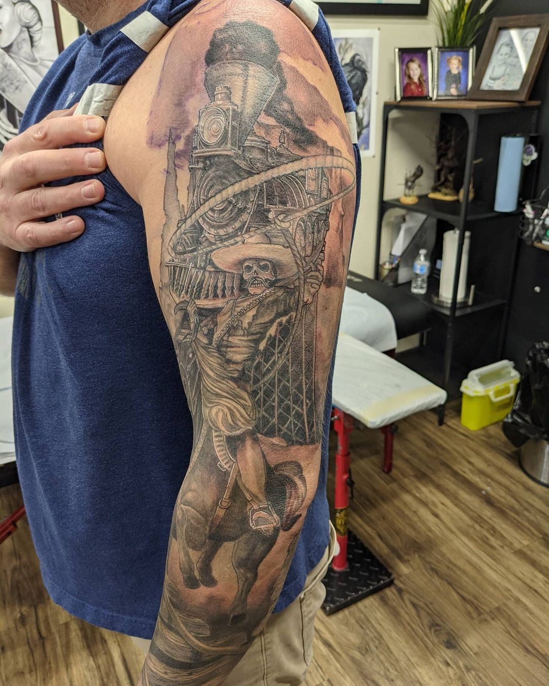 Train and Cowboy Tattoo by Kevin Sherritt at Black Gold Tattoo Co in Edmonton Alberta Canada